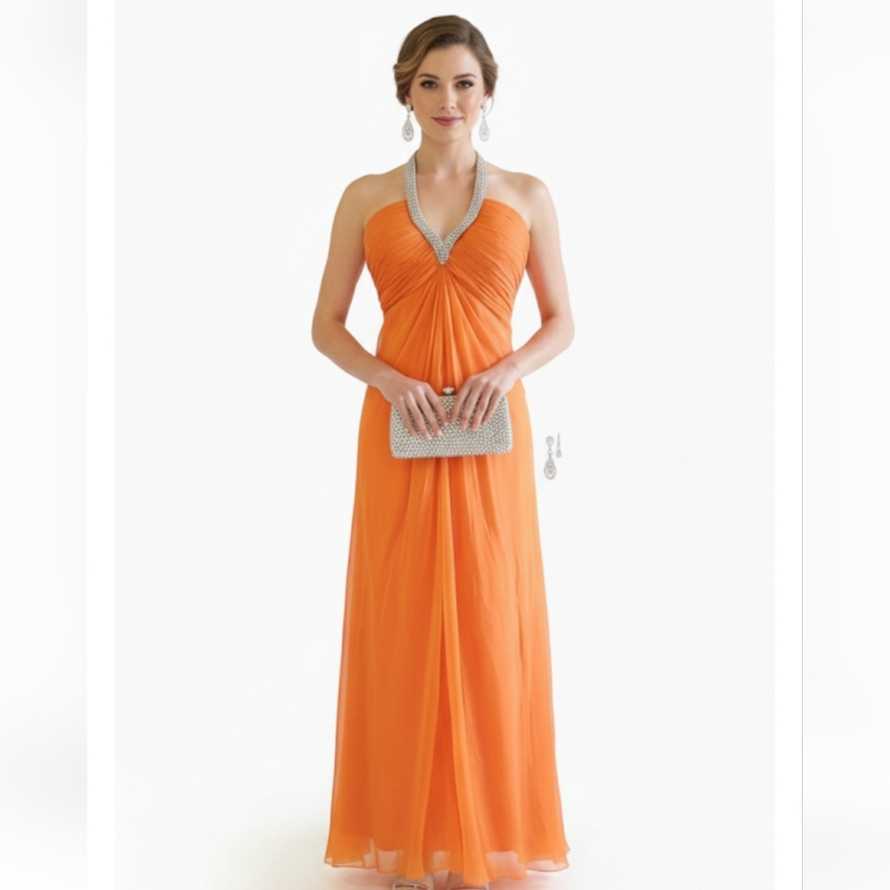 Vtg Niteline Chic Orange Silk Gown with Silver Accents